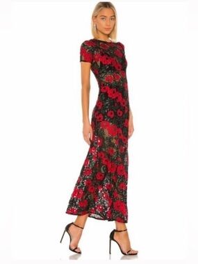 Lovers + friends Red and Black Floral Lace Maxi Dress